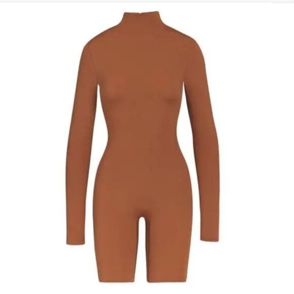 Skims All in One Long Sleeve Mid Thigh Onesie in Brown - Picture 2 of 4